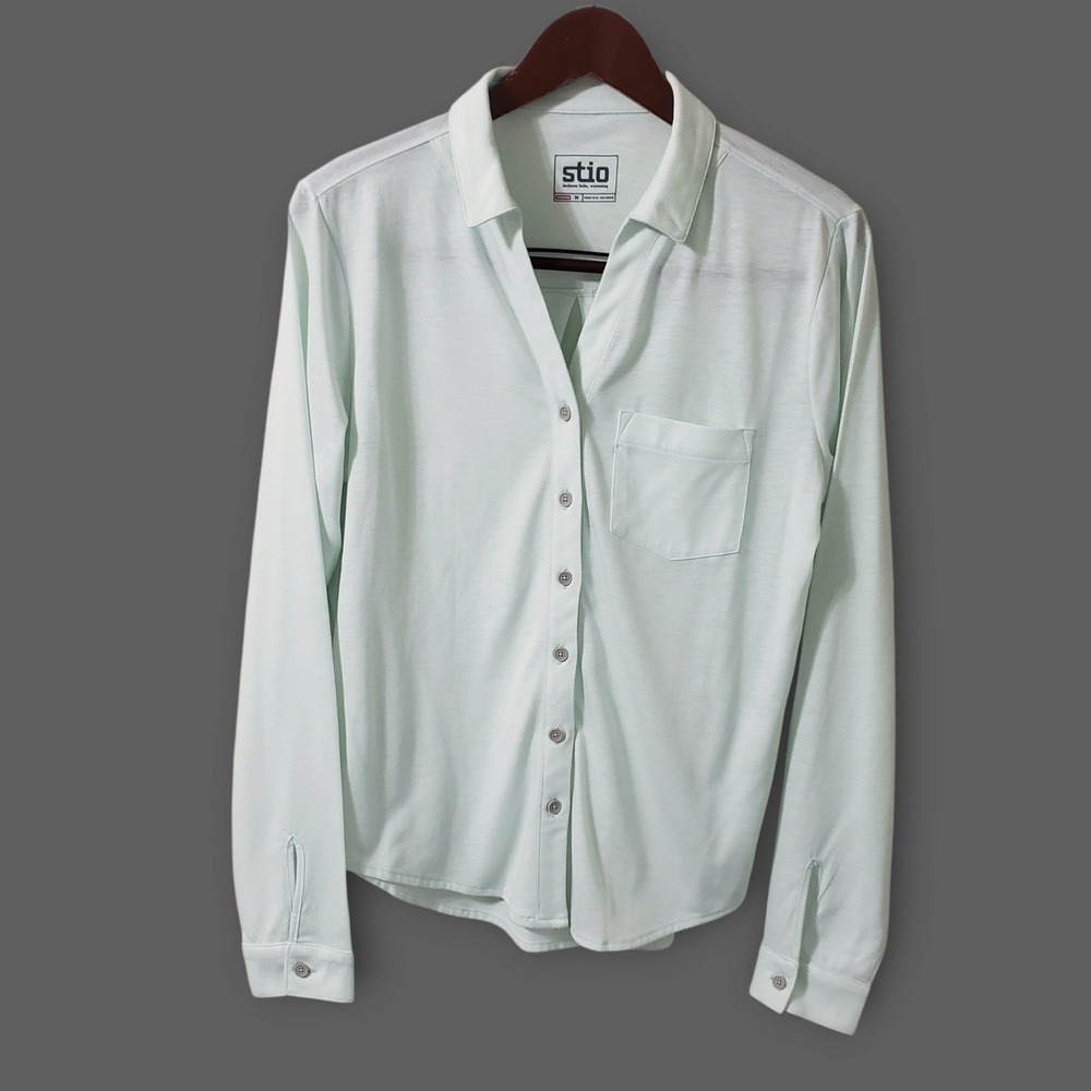 Stio Womens Button Up Organic Cotton Blend Knit Shirt Mint Green Medium